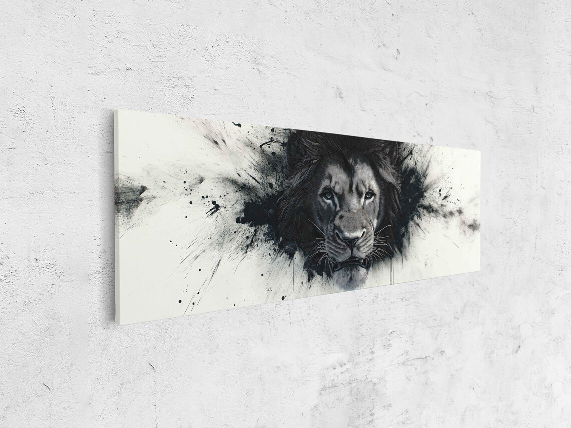 Lion Face Emerging from Bold Black Ink Splash on White Panoramic Wall Art Poster - Image 4
