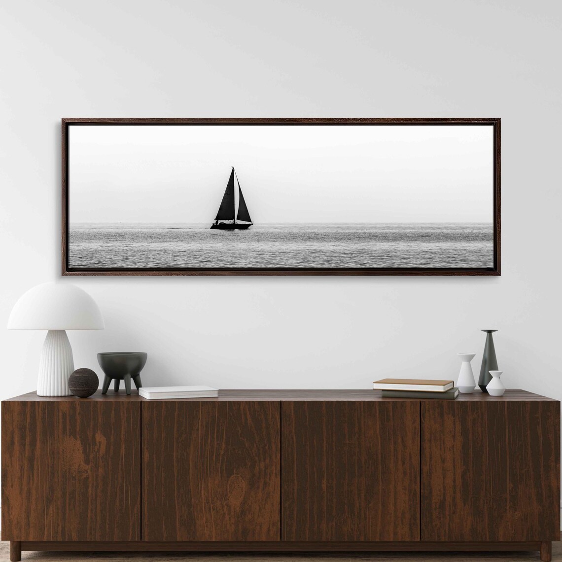 Lone Sailboat Dark Sails Gray Sea Monochrome Panoramic Poster