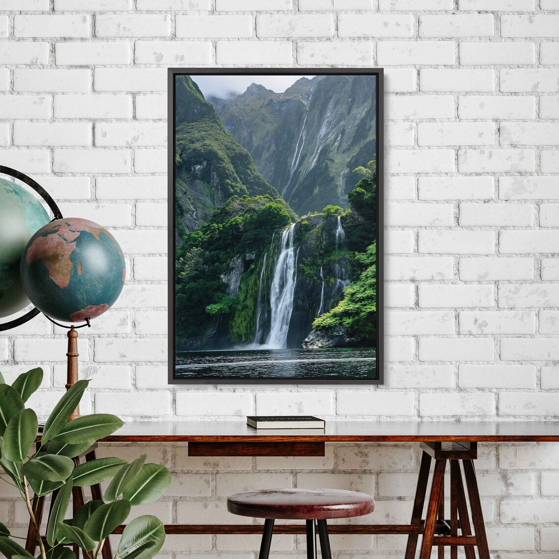 Serene Waterfall Lush Greenery Tranquil Lake Mountain Range Cloudy Skies Wall Art Print Ready To Hang