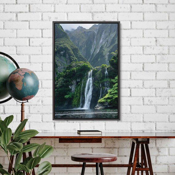 Serene Waterfall Lush Greenery Tranquil Lake Mountain Range Cloudy Skies Wall Art Print Ready To Hang