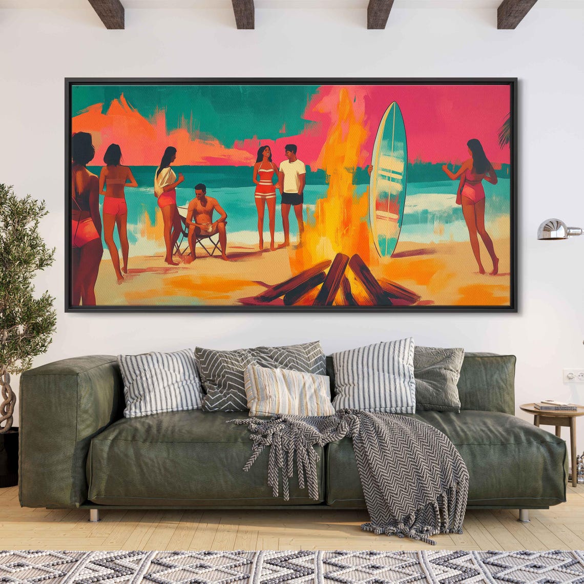 Colorful 1960s Beach Party Wall Art Print Vibrant Bonfire Scene Retro Attire Surfboard
