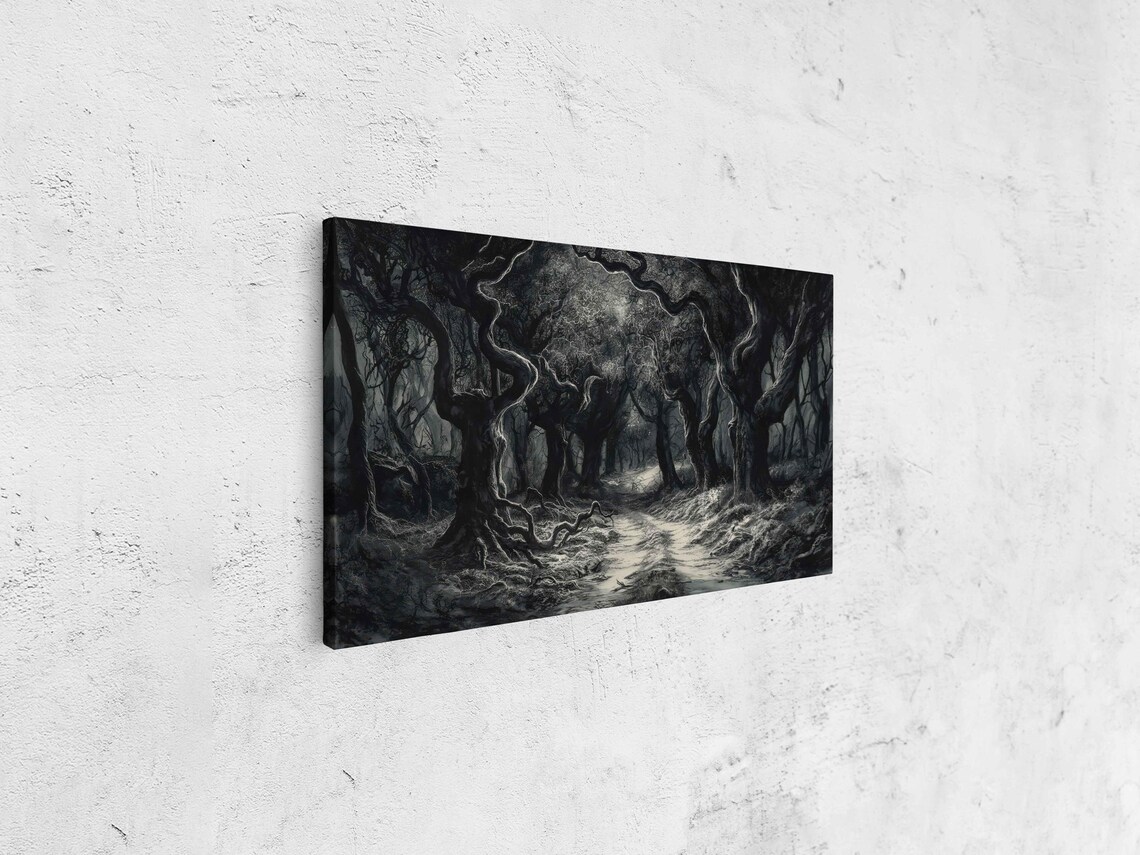 Twisted Tree Tunnel Winding Path Dark Forest Ink Panorama Halloween Poster - Image 4