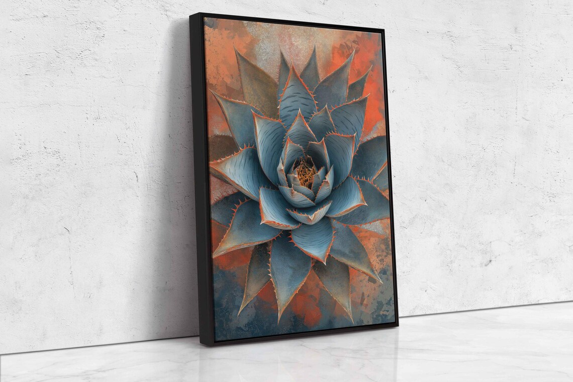 Blue Agave Rosette Close-Up With Fiery Orange Background Print - Image 4