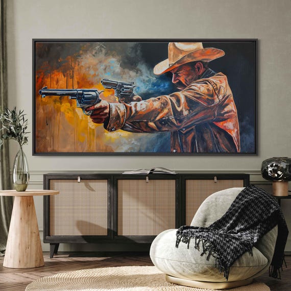 Vintage Cowboy Shooting Revolvers Acrylic Wall Art Print Realistic Painting Western Wall Art Rustic Painting Ready To Hang