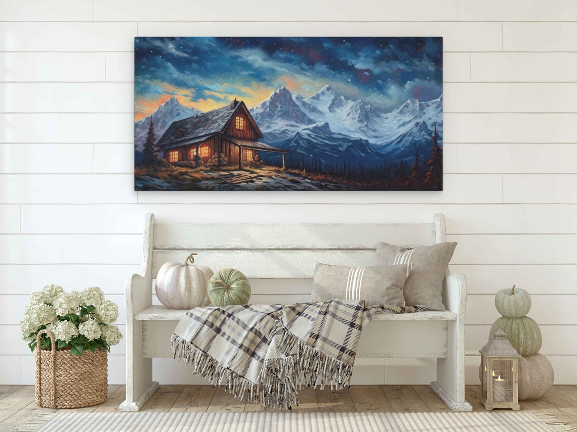 Warm Cabin Windows at Twilight Snowy Mountain Peaks Night Poster - Image 2