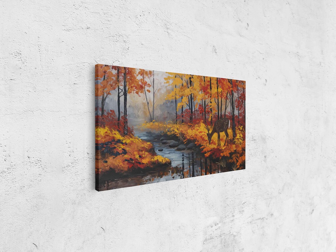 Deer Drinking From Forest Stream Autumn Woods Painting Wall Art - Image 4