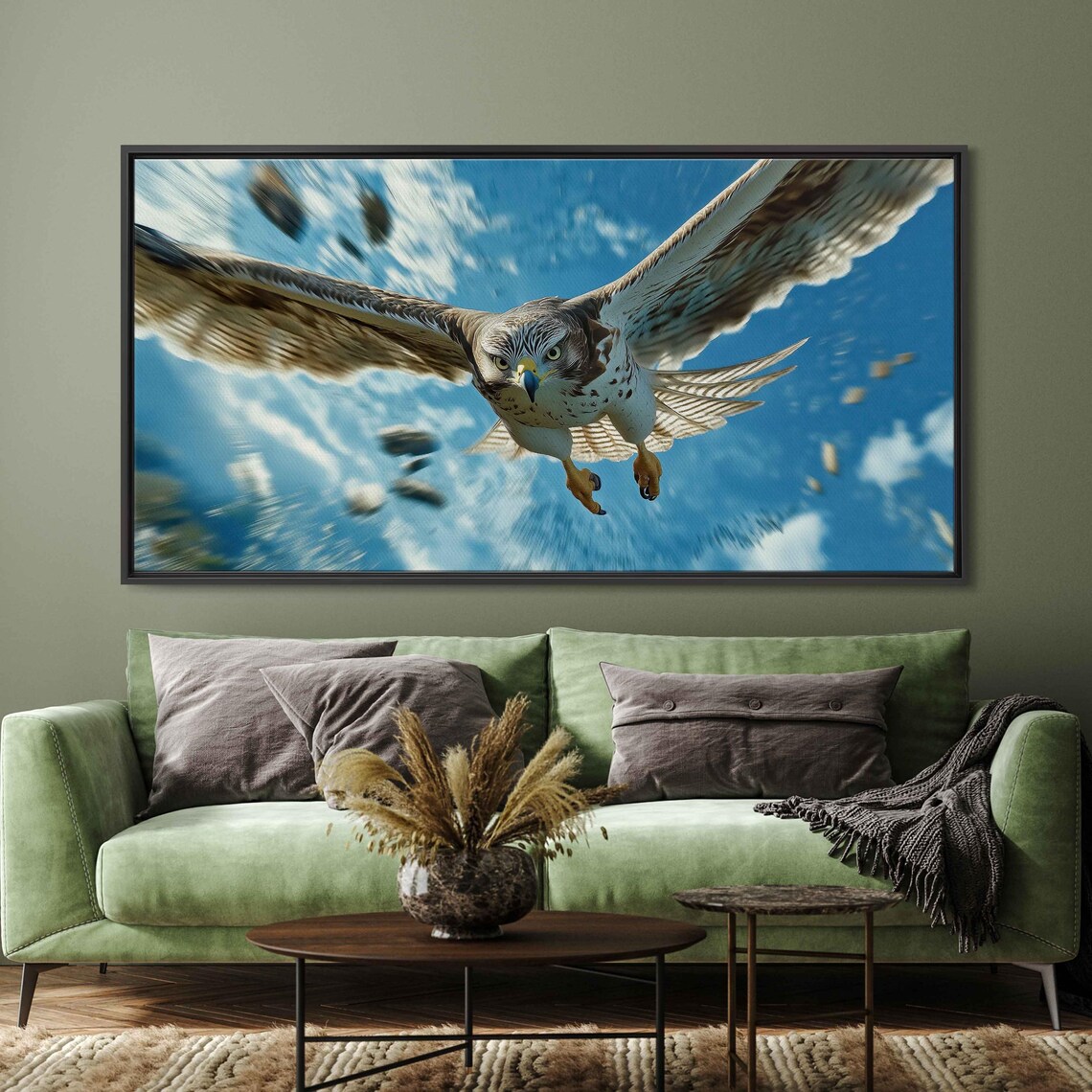 Majestic Hawk Soaring Art Print, Blue Sky