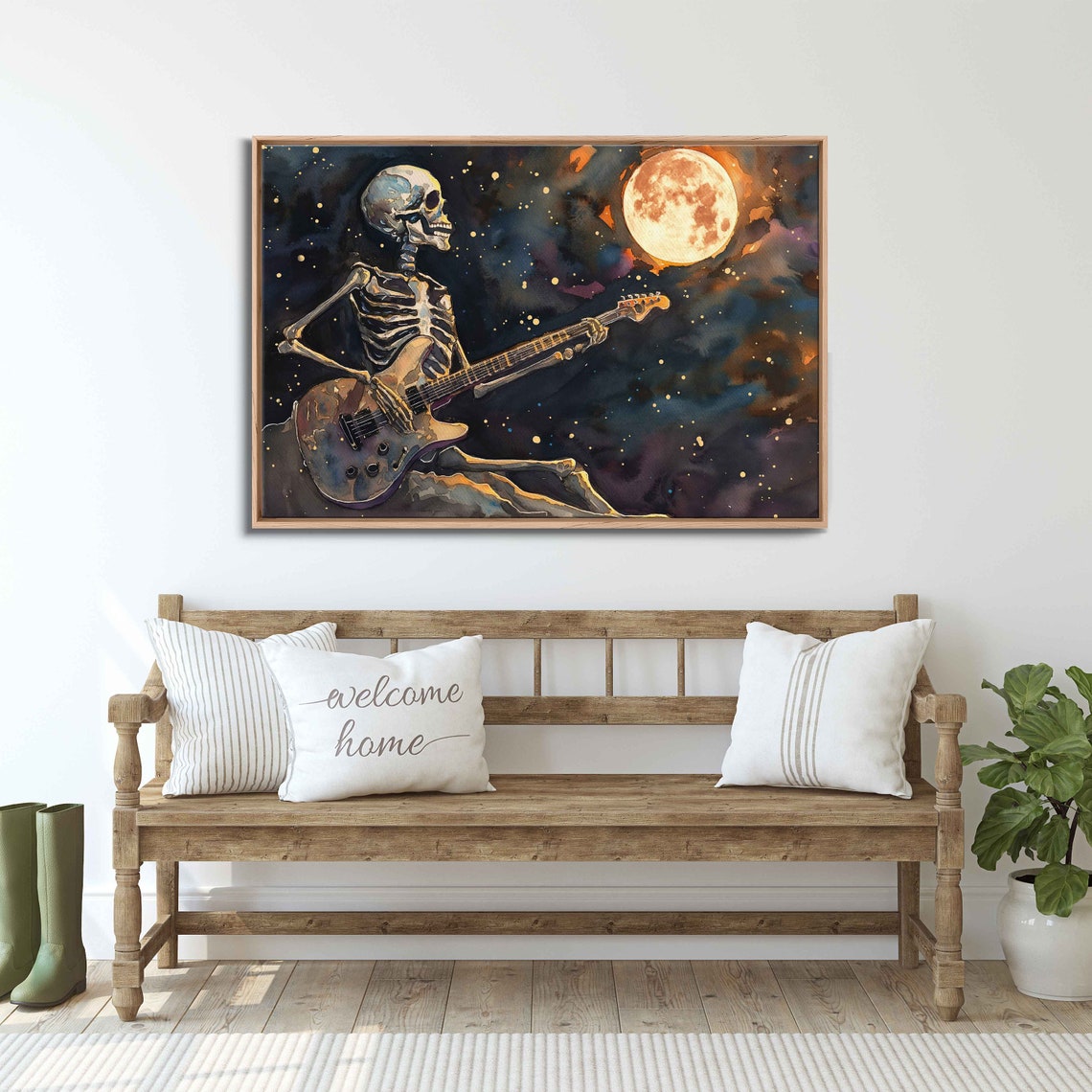 Skeleton Playing Electric Guitar Under Full Moon Starry Poster - Image 3