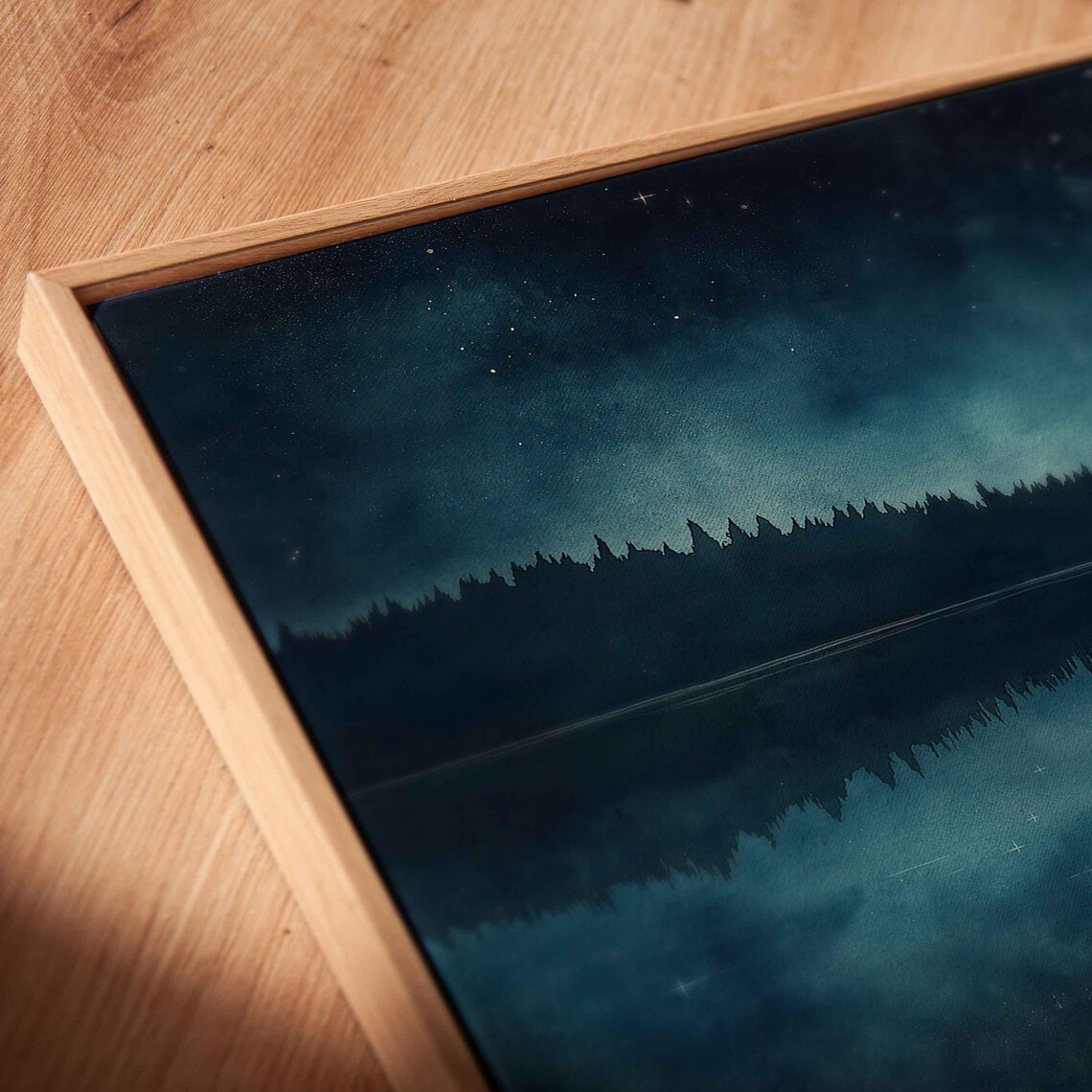 White Canoe Starry Night Lake Panoramic Watercolor Minimalist Still Water Calm Poster - Image 2