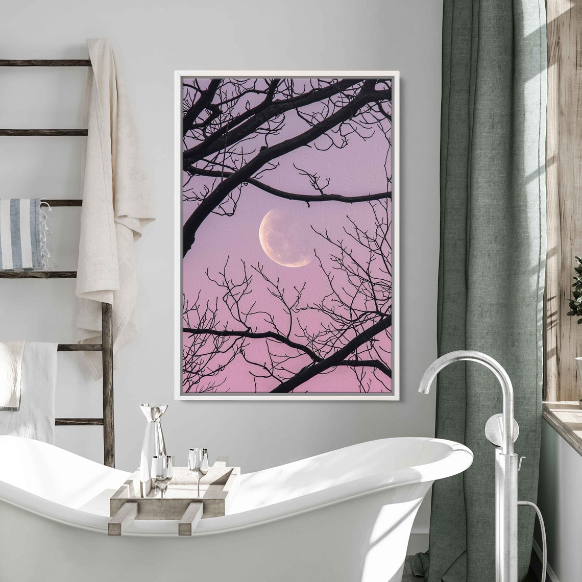 Crescent Moon Through Bare Branches Pink Twilight Sky Poster - Image 2