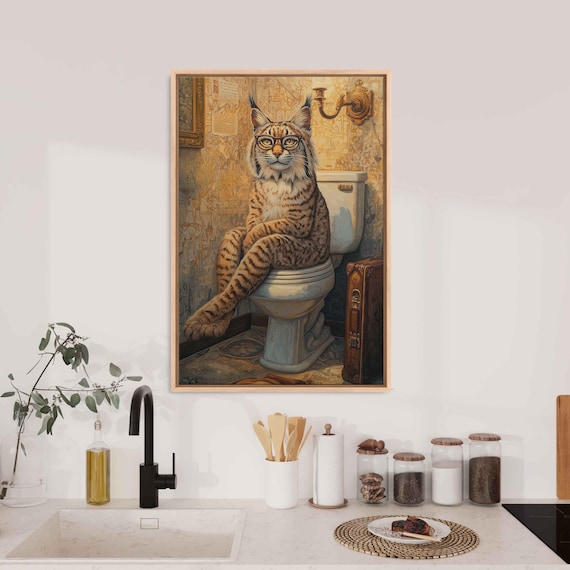 Whimsical Bobcat With Glasses On Toilet Vintage Bathroom Funny Cat Poster
