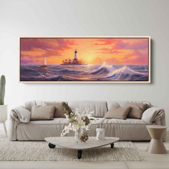 Panoramic Lighthouse Seascape Oil Painting Framed Print Tropical Wall Art Beach House Decor