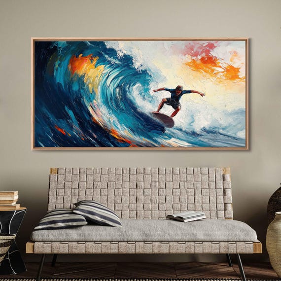 Surfer Catching Wave At Sunset Wall Art Print Gift For Surfer Blue Water Vibrant Colors Ready To Hang
