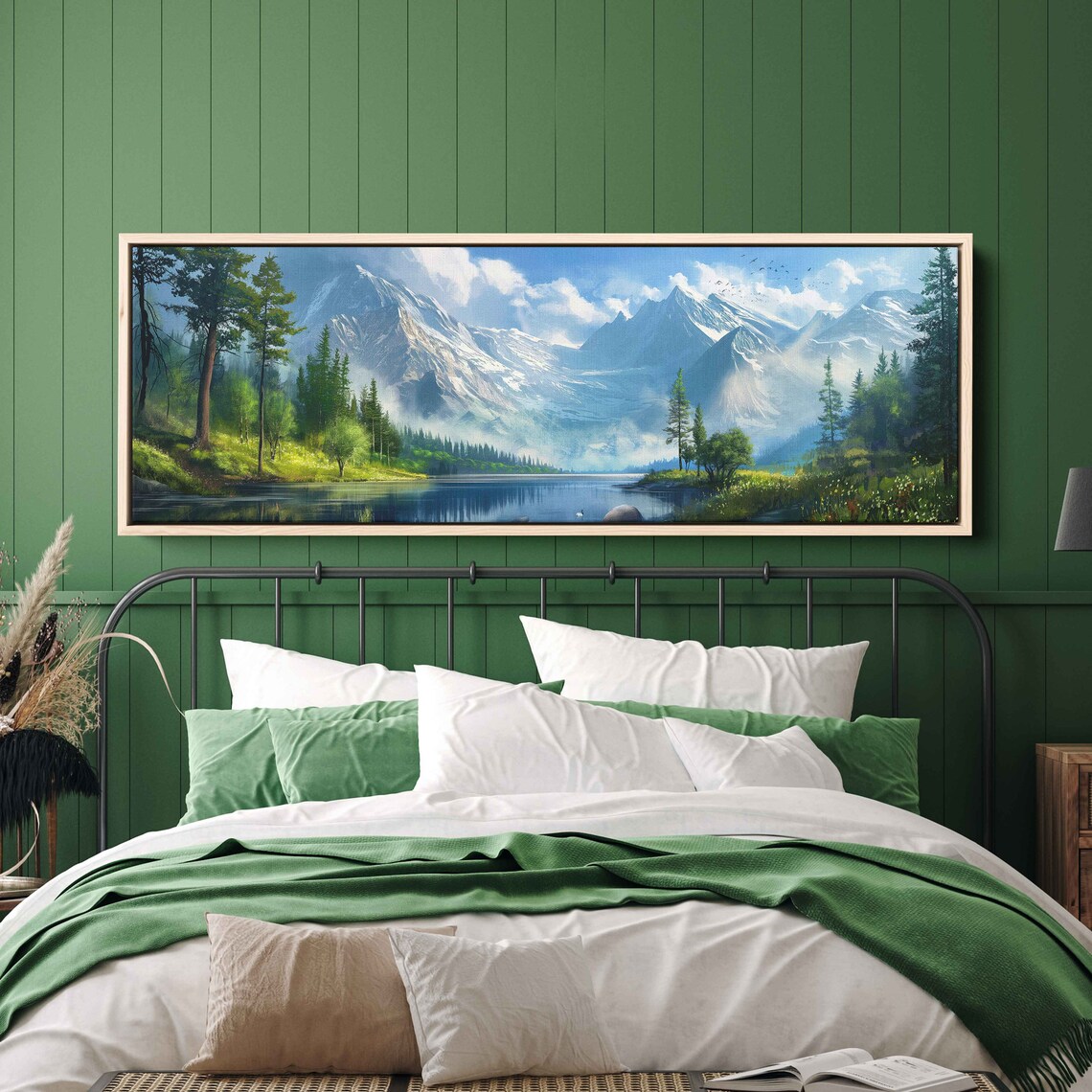Alpine Snow Peak Lake View Tall Pines Birds Panoramic Mountain Art Poster - Image 3