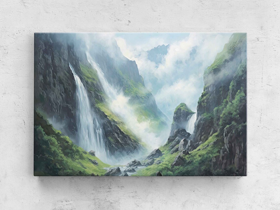 Cloudy Mountain Waterfall Modern Oil Painting Ready To Hang Framed Print