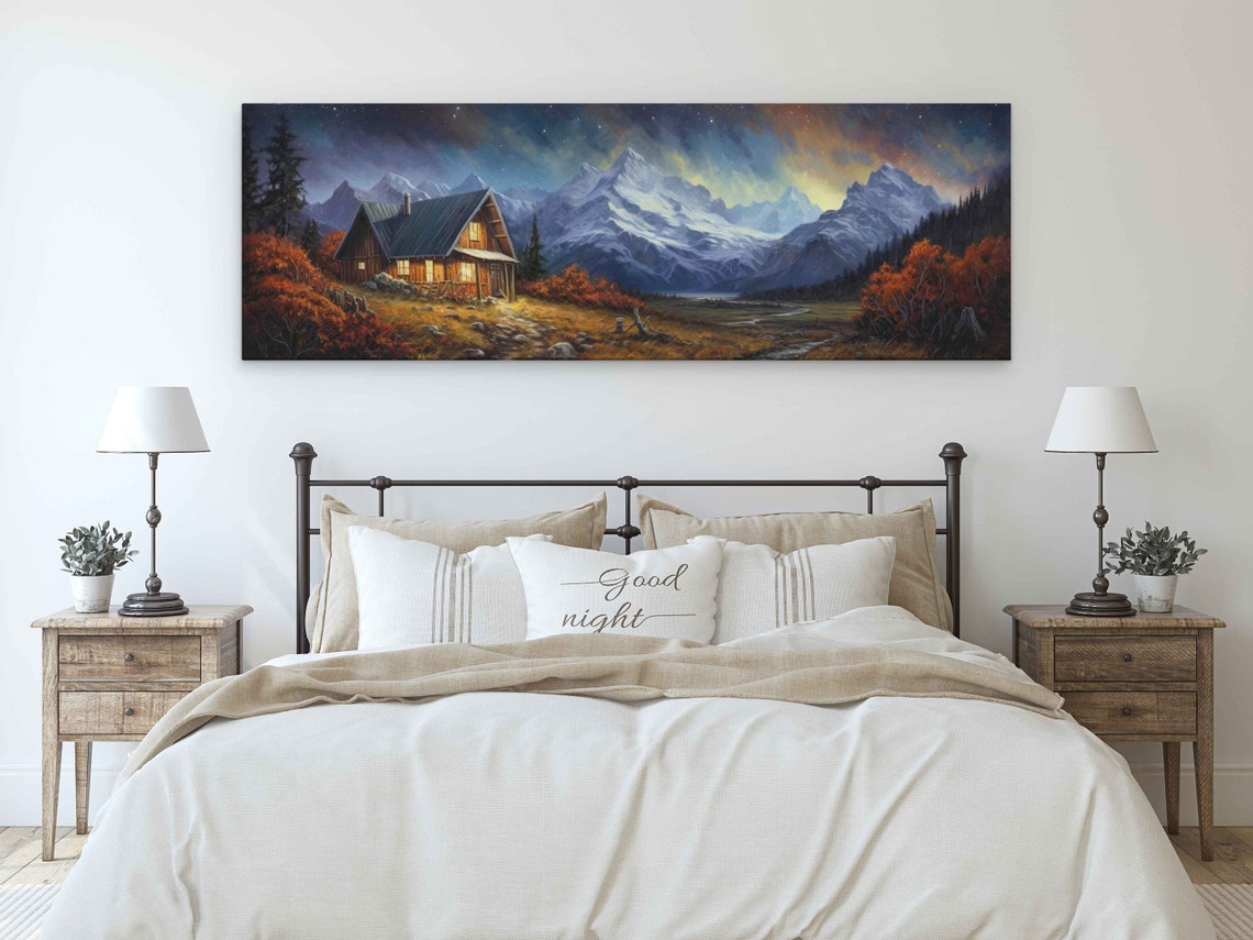 Rustic Cabin at Dusk Autumn Foliage Snowy Mountain Peaks Wall Poster - Image 3