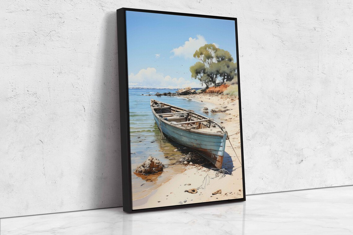 Old Wooden Boat On Sandy Beach Watercolor Coastal Painting Wall Art - Image 4