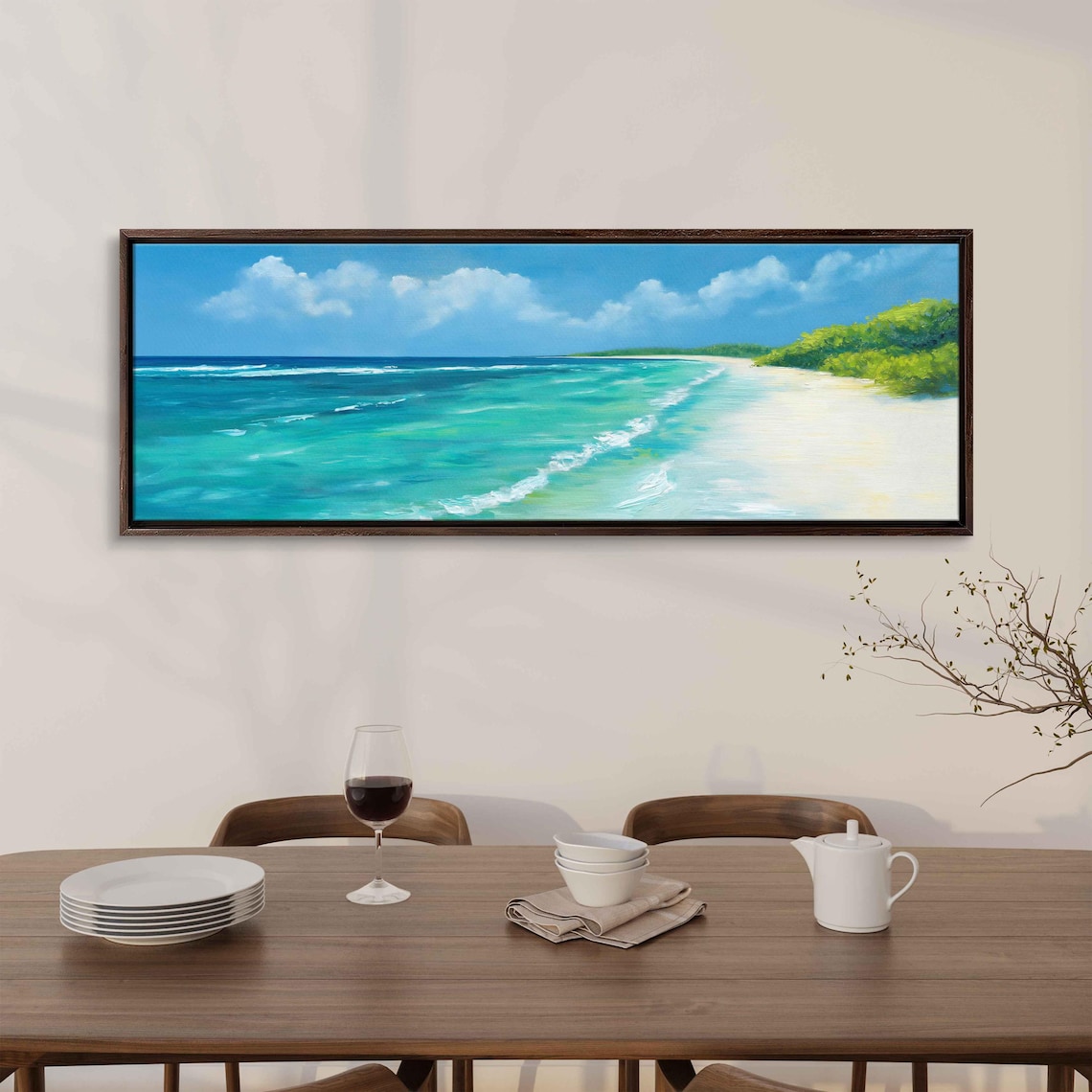 Turquoise Tropical Beach Panoramic Painting White Sand Shoreline Green Palms Poster - Image 3