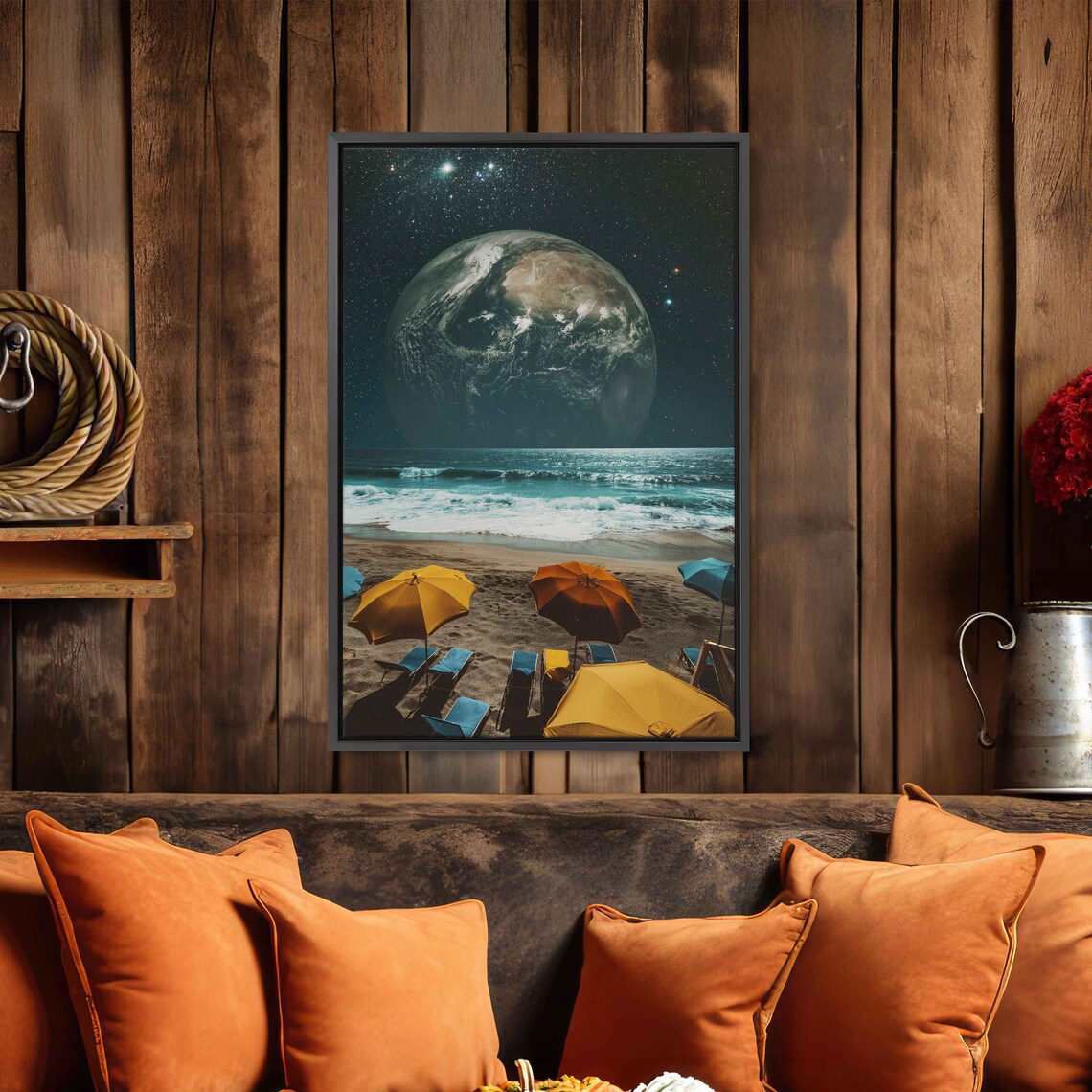Earth Rising Over Night Beach With Colorful Umbrellas Art Poster - Image 2