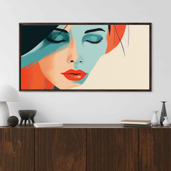 Pop Art Woman Face Teal Orange Closed Eyes Red Lips Fashion Wall Print