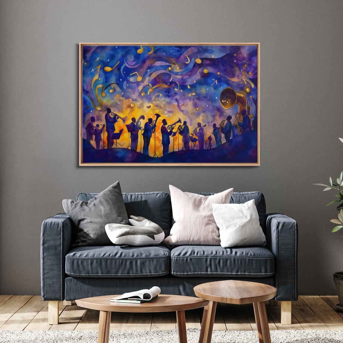 Jazz Band Under Starry Sky Wall Art Print Vibrant Watercolor Musical Scene