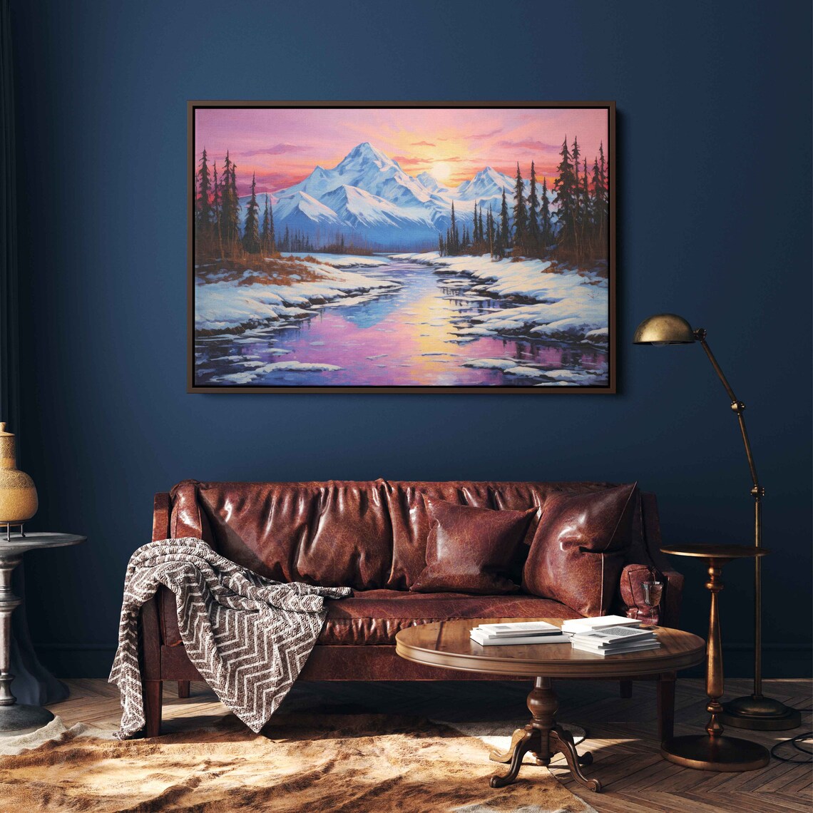 Snowcapped Peaks Sunrise Pink Orange Sky Frozen River Painting Poster - Image 2