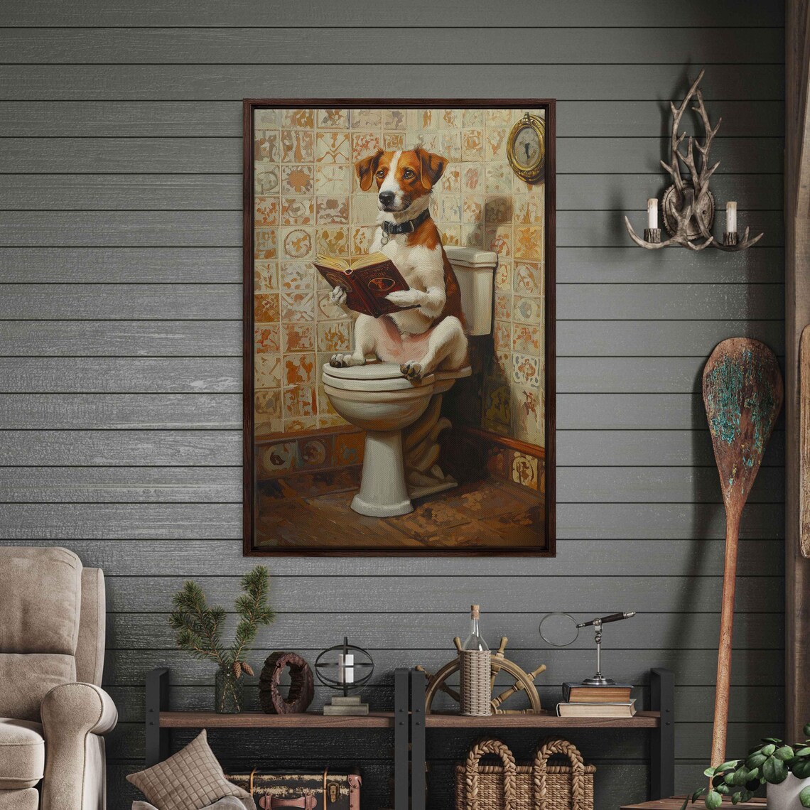 Foxhound Reading Detective Novels, Whimsical Bathroom Scene