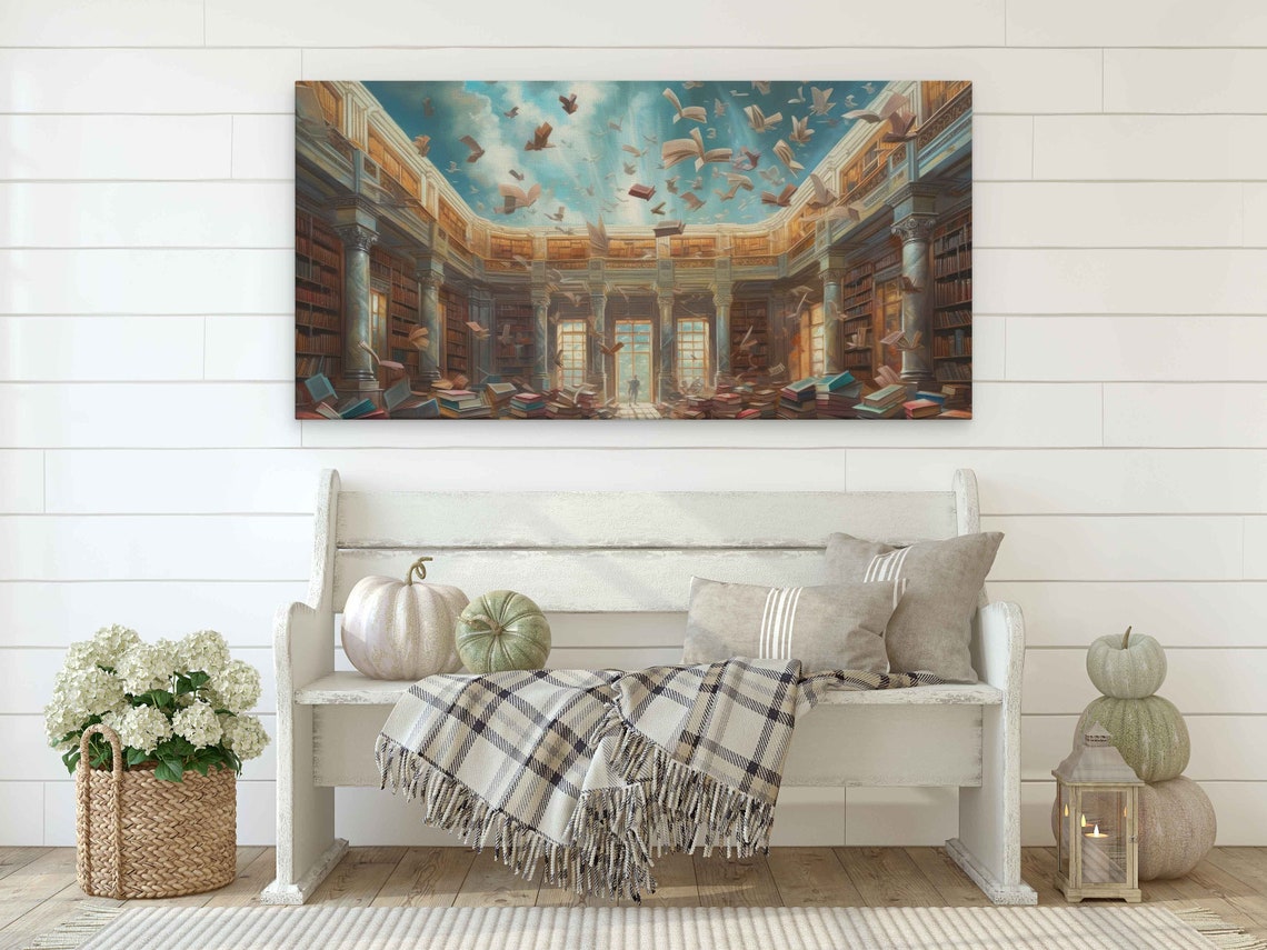 Magical Wizard Library Flying Books Fantasy Surrealism Wall Art Print - Image 2