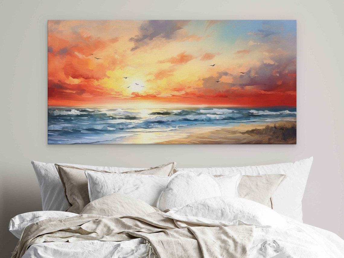 Beach Sunset Red Golden Sky Waves Oil Painting Wall Art Poster