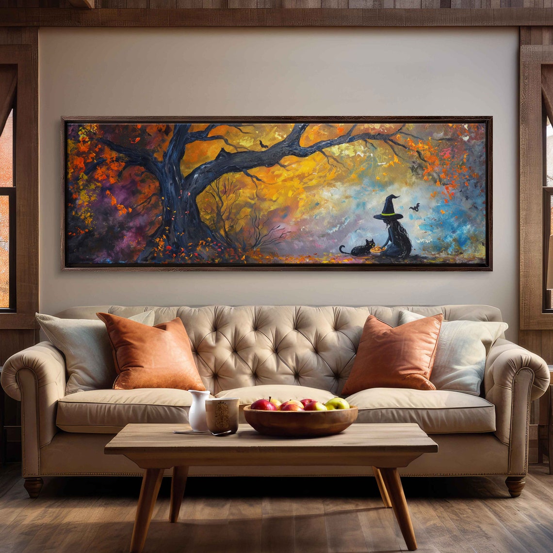 Whimsical Witch Gnarled Tree Black Cat Autumn Night Panoramic Poster - Image 3