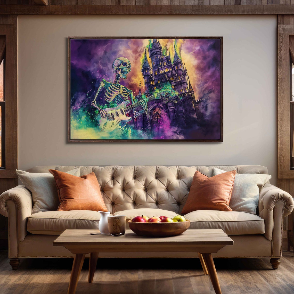 Skeleton Playing Electric Guitar Haunted Castle Night Music Poster - Image 3