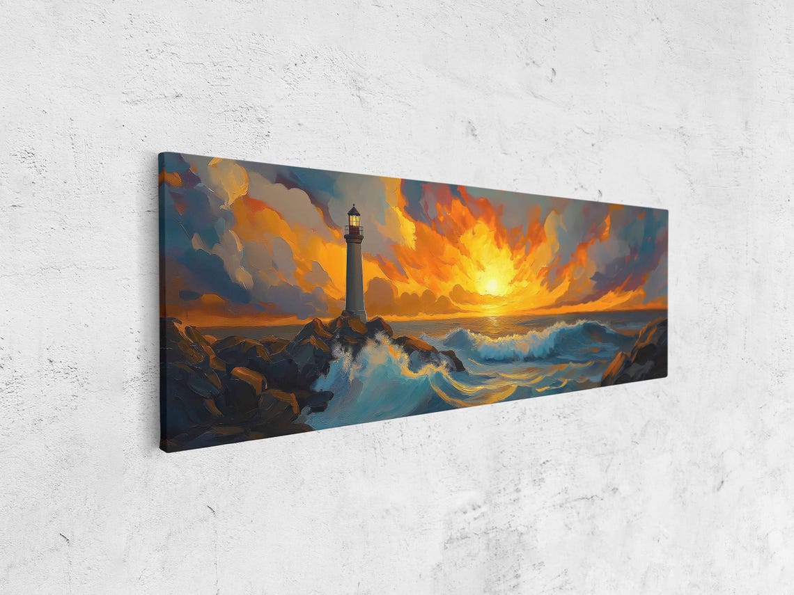 Lighthouse Sunset Fiery Orange Clouds Rocky Coast Ocean Waves Poster - Image 4