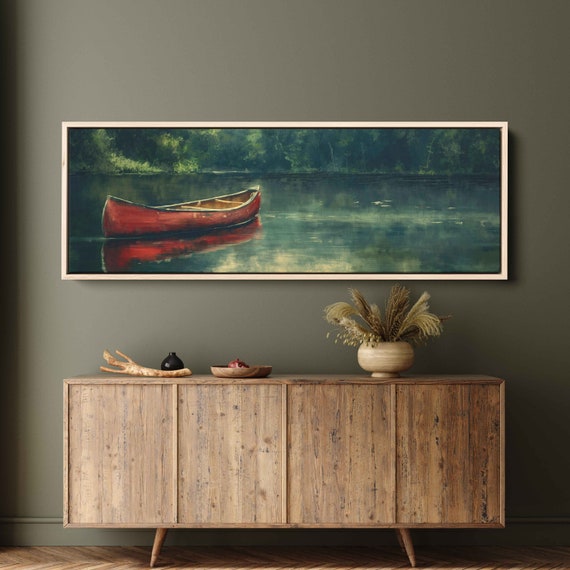 Lone Wooden Canoe Floating In Lake Acrylic Wall Art Print Calm Water Gift For Outdoorsman Ready To Hang