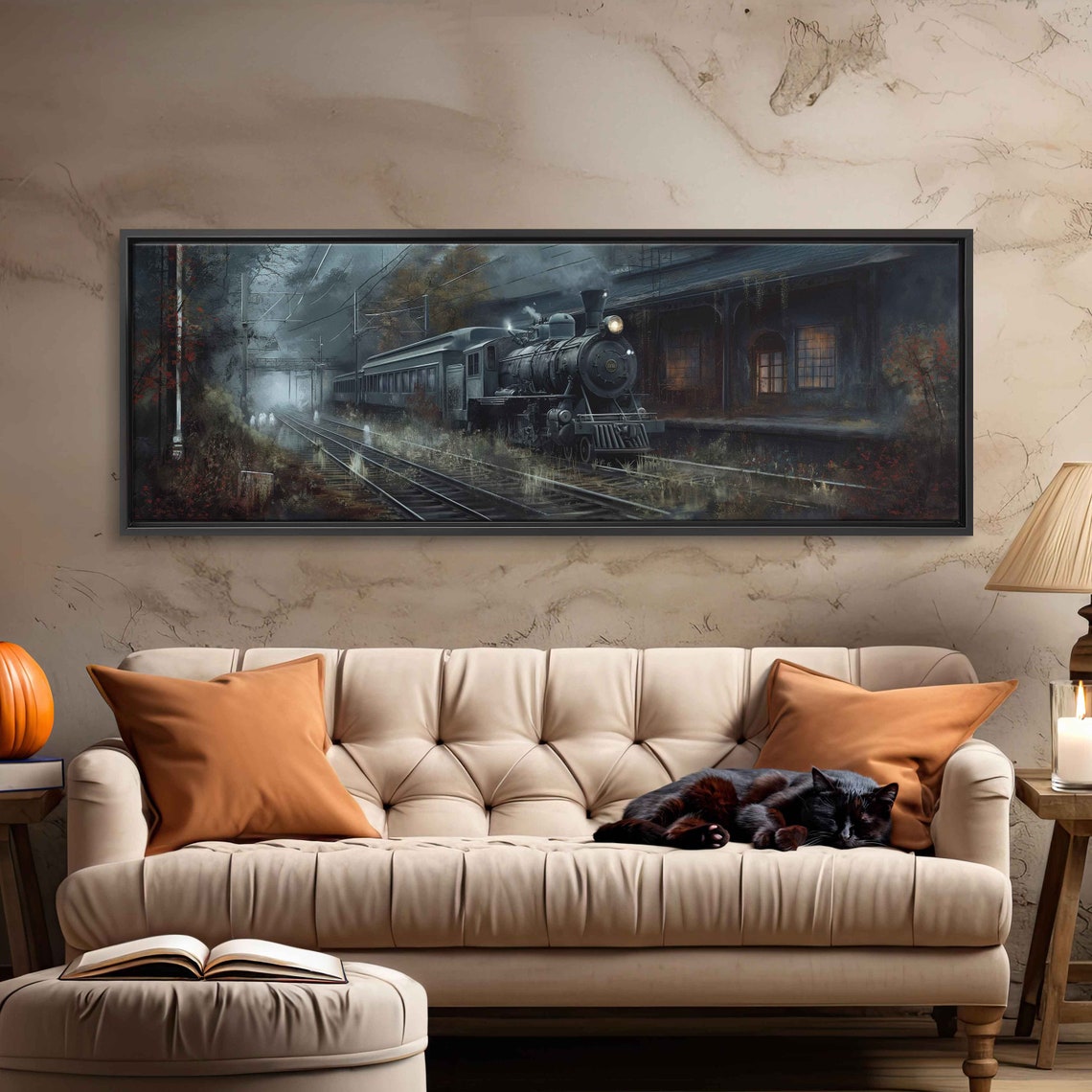 Spooky Old Train Station Steam Engine Foggy Night Panoramic Poster