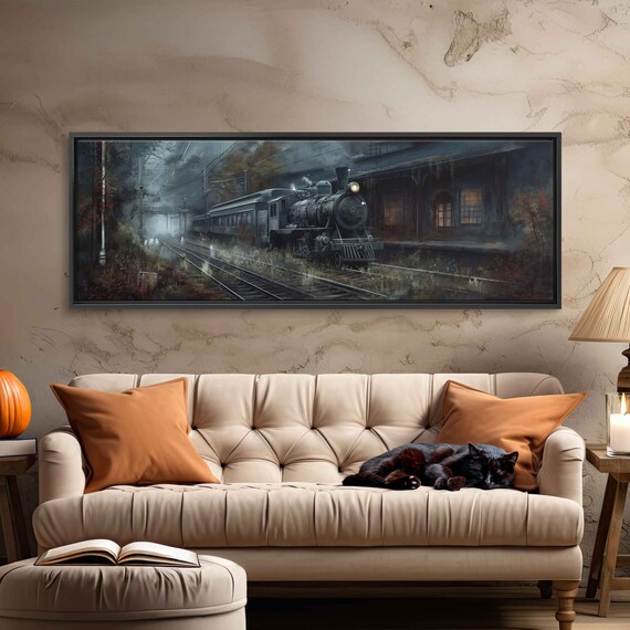 Spooky Old Train Station Steam Engine Foggy Night Panoramic Poster