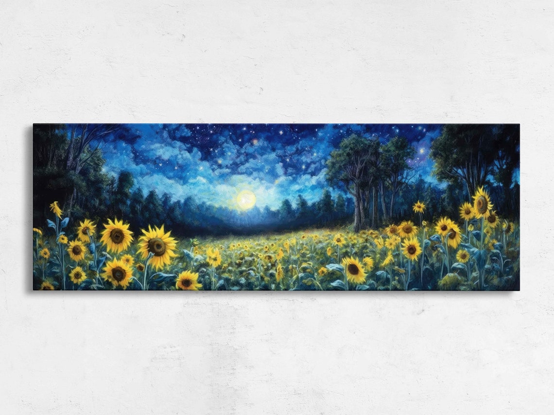 Sunflower Field Under Full Moon Starry Night Sky Panoramic Art Print