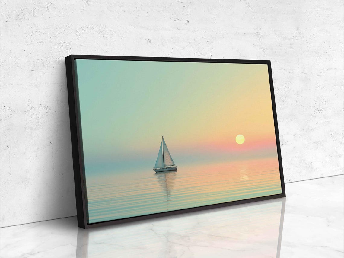 Sailboat Gliding Sunset Peach Sky Calm Sea Minimalist Wall Poster - Image 4