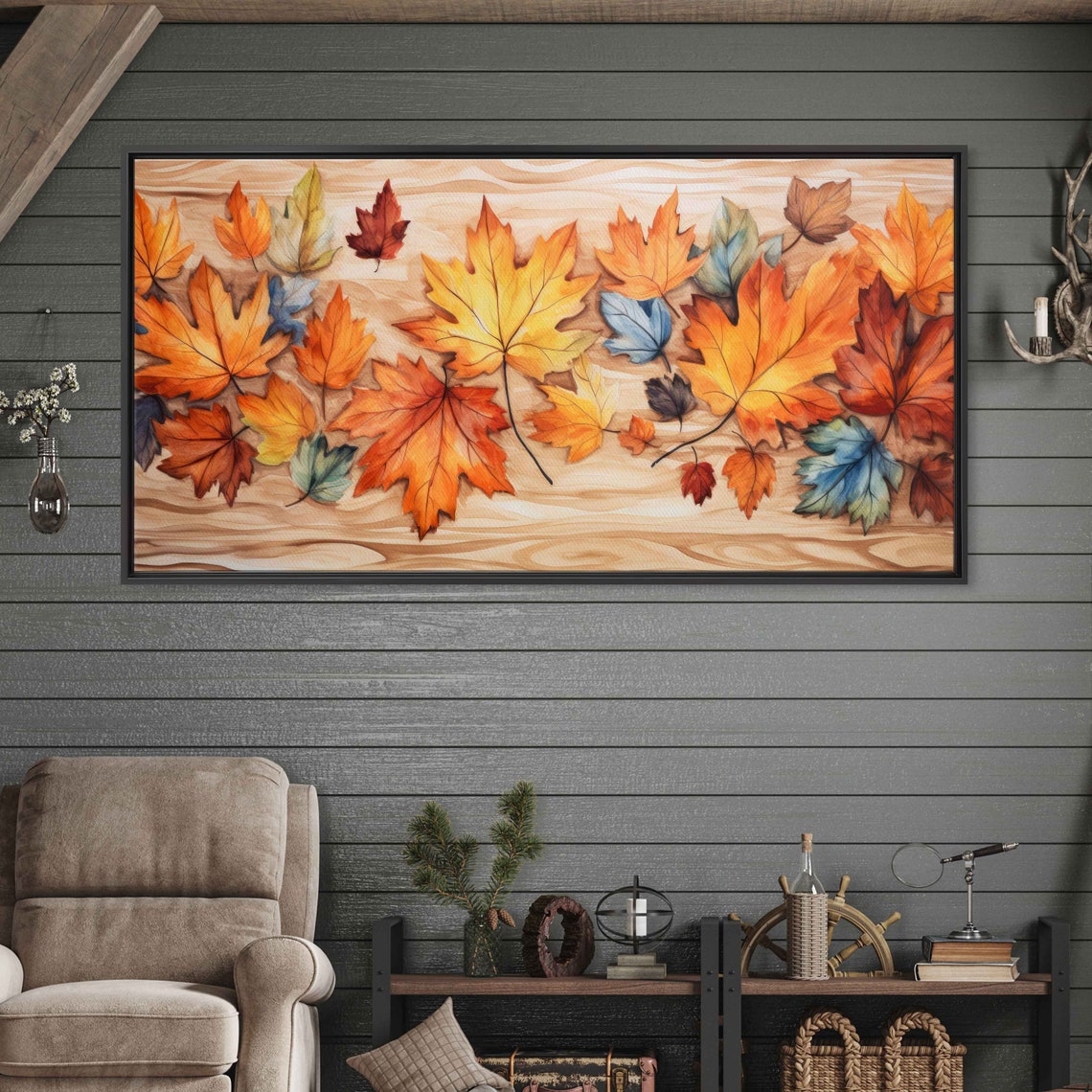 Watercolor Autumn Maple Leaves On Wood Grain Background Art Print - Image 2