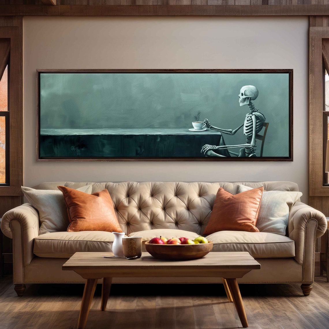 Skeleton Having A Cup Of Tea Minimalist Dark Green Panoramic Print - Image 3