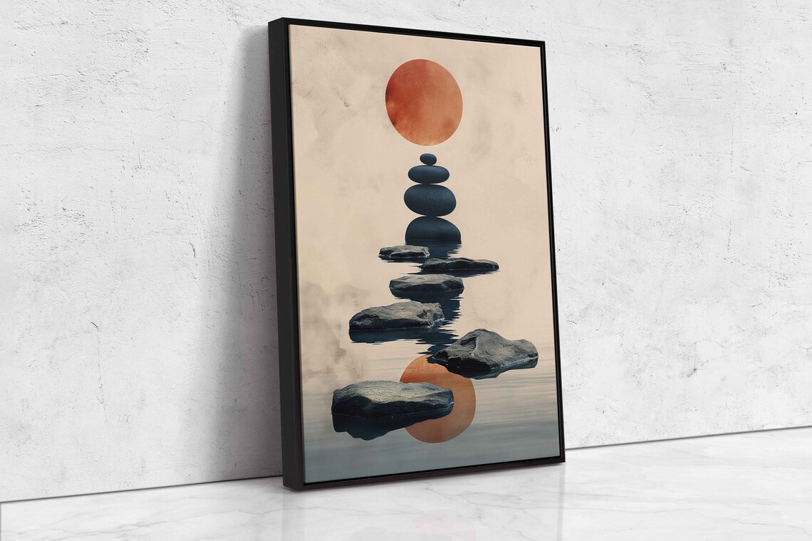 Zen Stacking Stones Balancing Rocks Red Moon Calm Water Meditation Print - Image 4