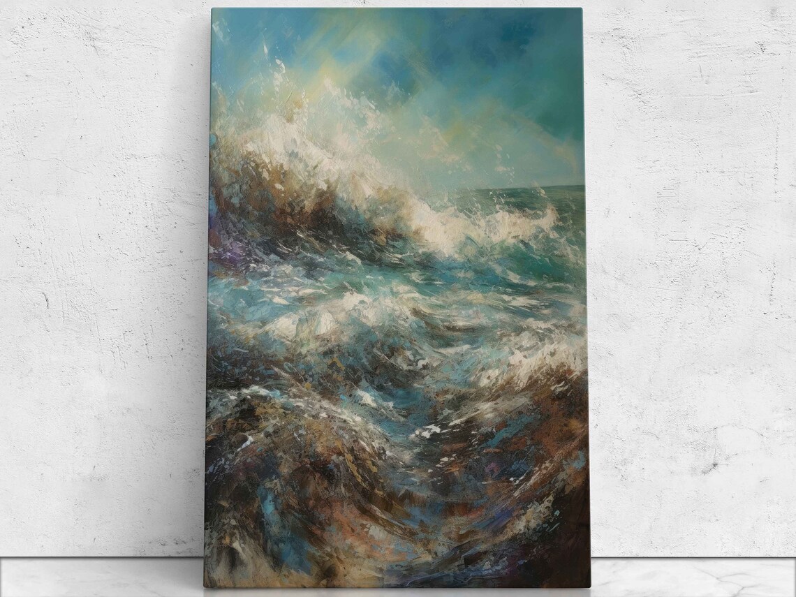 Abstract Crashing Wave Vertical Seascape Gold And Teal Oil Painting Print