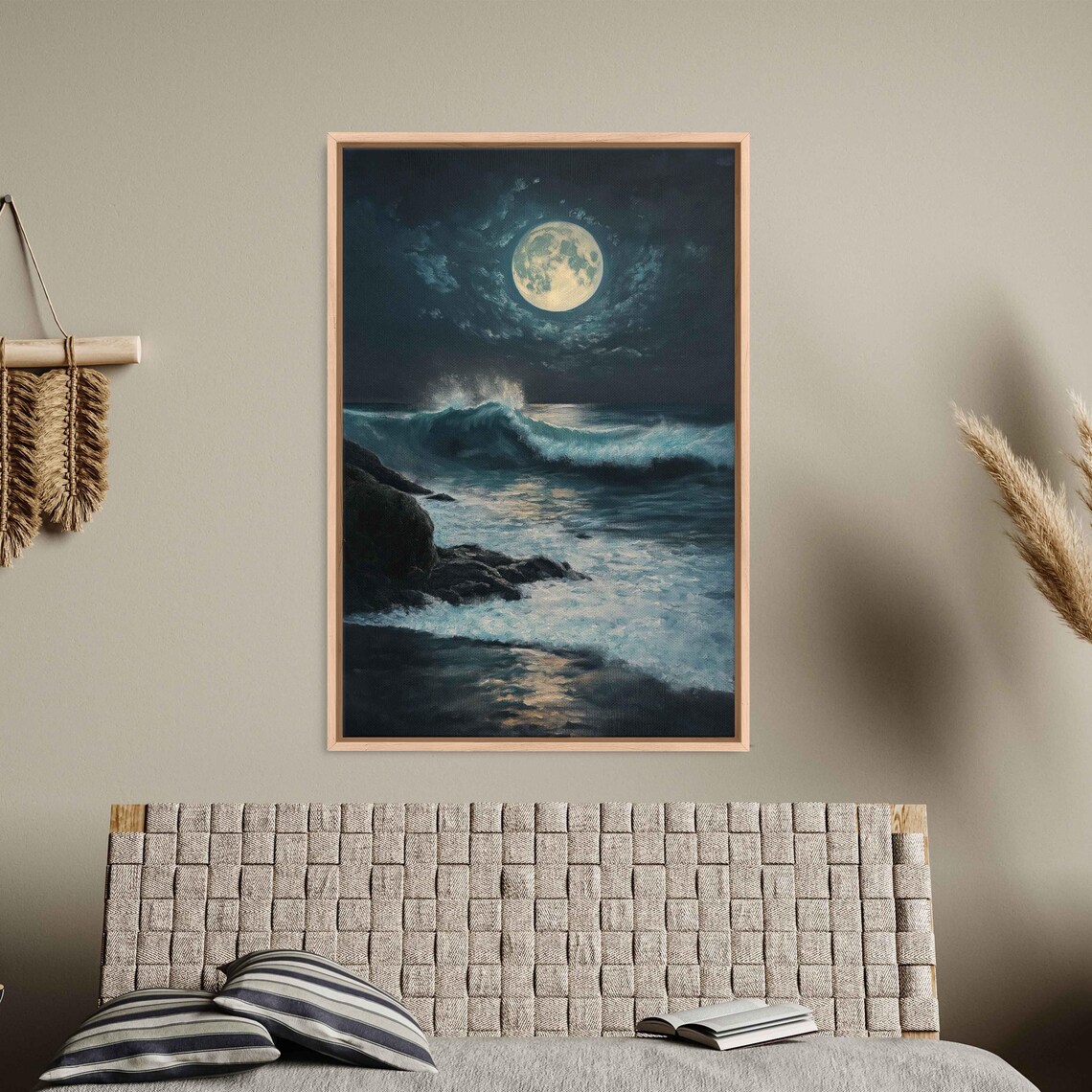 Full Moon Rising Over Night Ocean Waves Rocky Coastline Art Poster