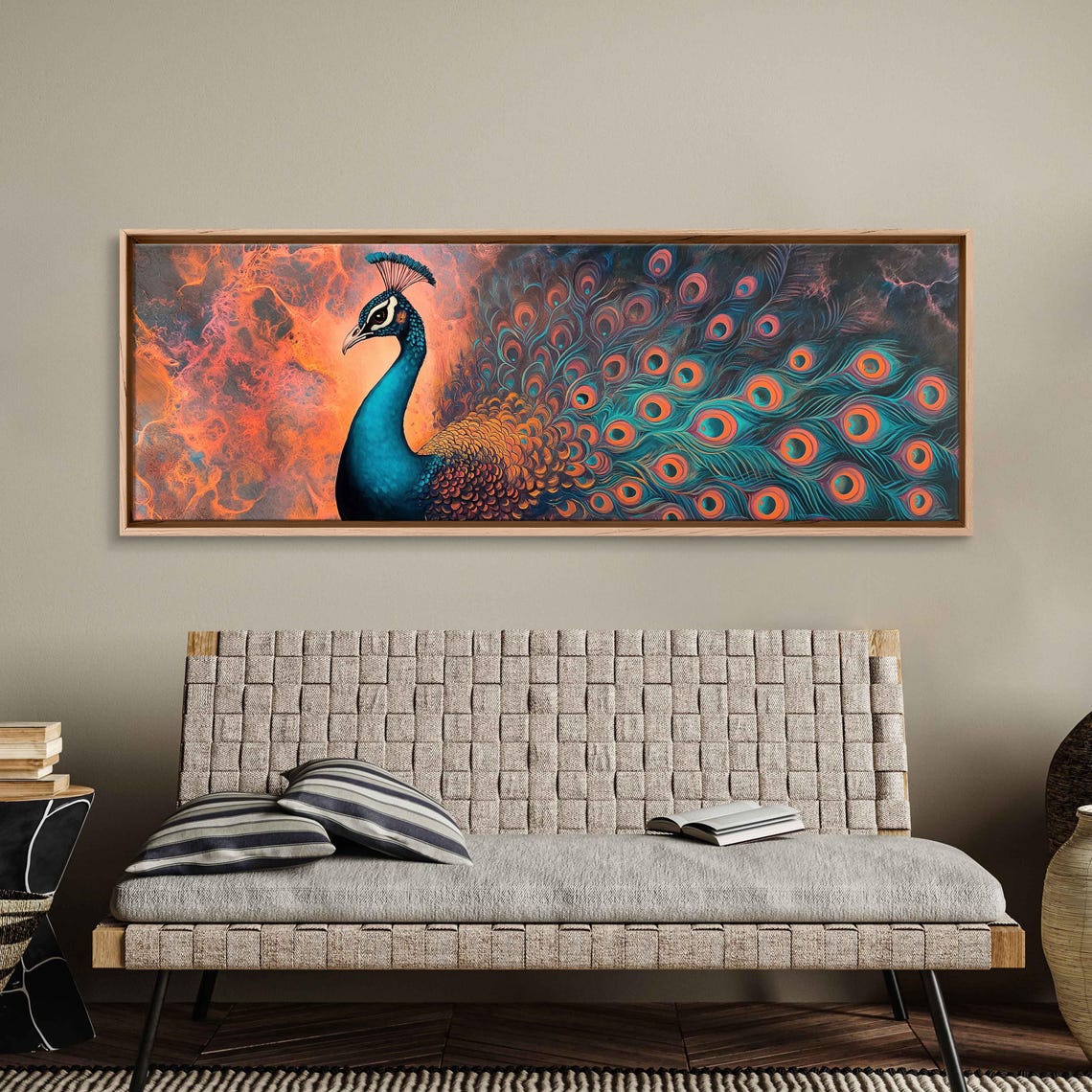 Peacock Fanned Tail Fiery Orange Sunset Panoramic Wall Art Print