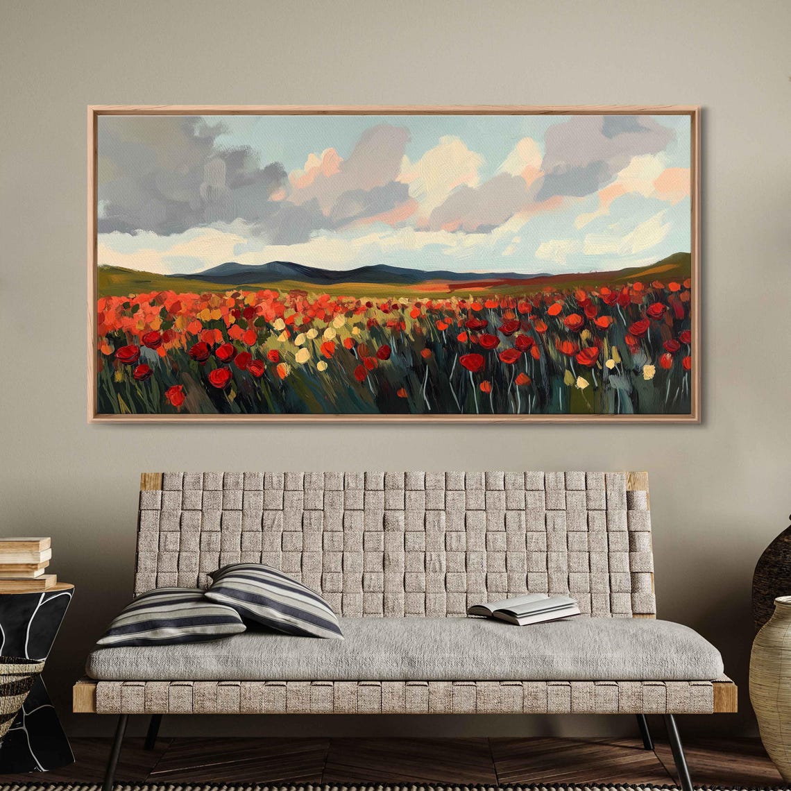 Vintage Floral Landscape Wall Art Print Bold Red Flowers Retro Botanical Style
