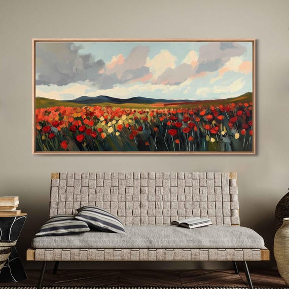 Vintage Floral Landscape Wall Art Print Bold Red Flowers Retro Botanical Style