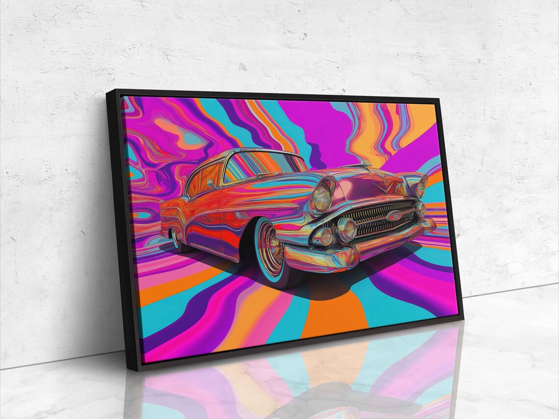 Psychedelic Pop Art 1950s Classic Car With Rainbow Swirl Art Poster - Image 4
