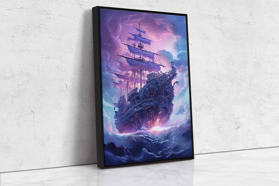 Fantasy Pirate Galleon Purple Neon Moonlit Clouds Ghost Ship Wall Art Poster - Image 4