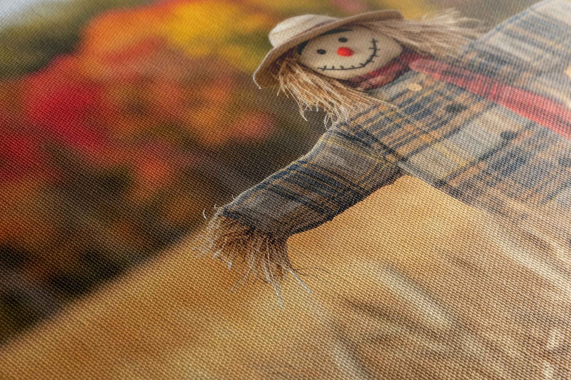 Scarecrow In Wheat Field With Fall Foliage Backdrop Art Poster - Image 2