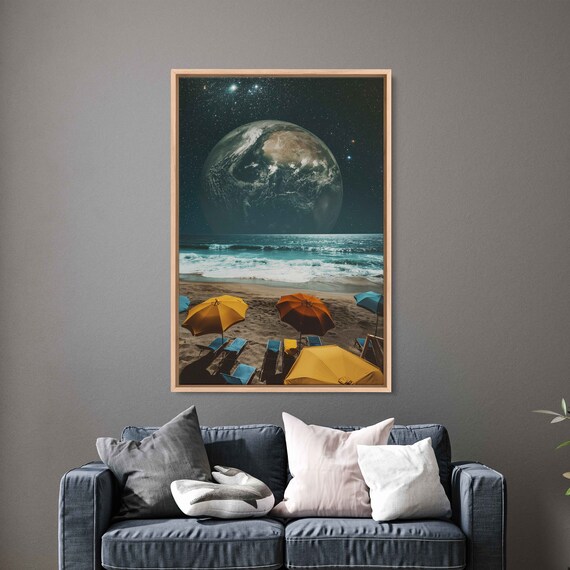 Earth Rising Over Night Beach With Colorful Umbrellas Art Poster
