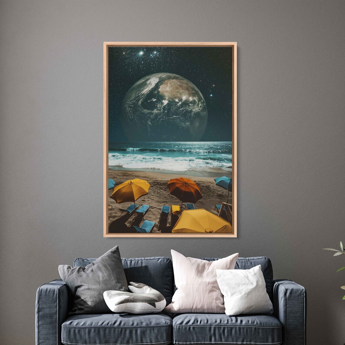 Earth Rising Over Night Beach With Colorful Umbrellas Art Poster